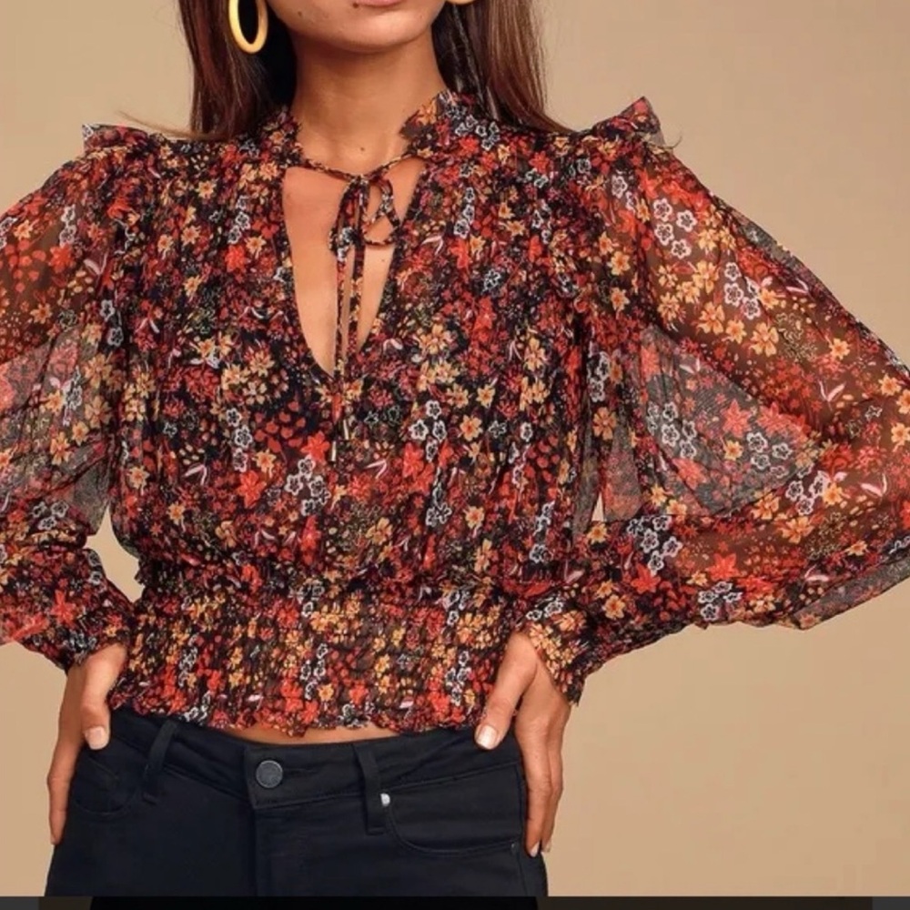 ❤️ Free People Twyla Floral Mesh High Neck Tie Waist Blouse